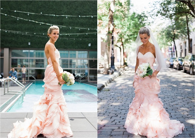 необычное розовое свадебное платье