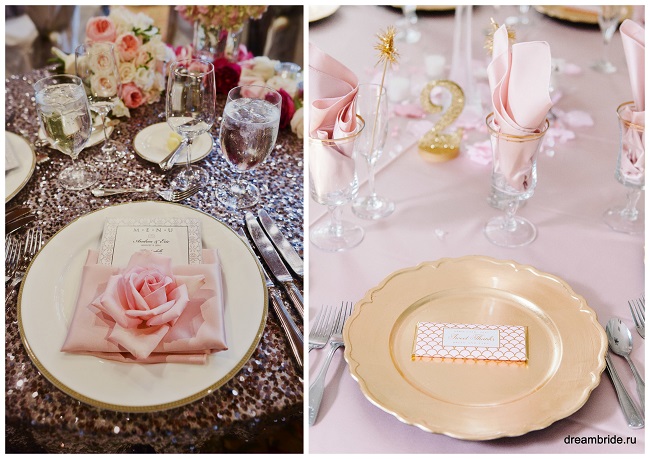 красивая свадебная сервировка стола в розово-золотом цвете
