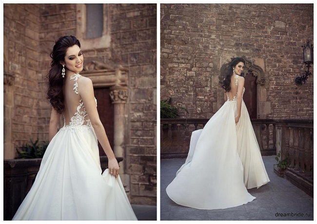 прозрачное свадебное платье из кружевного корсета и прямой летящей юбки