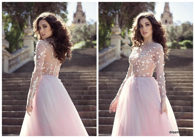 розовое прозрачное свадебное платье из кружевного корсета и воздушной юбки
