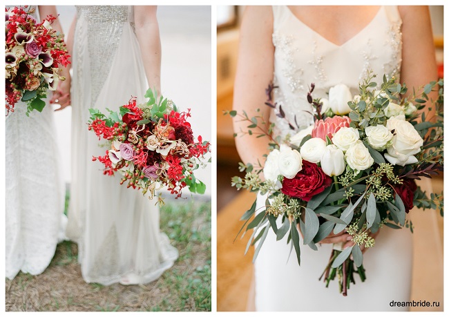 букет невесты с зеленью и бордовыми цветами