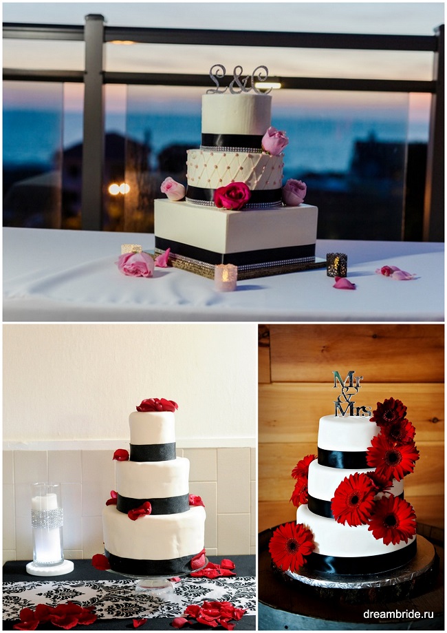свадебный торт с черными лентами и красными цветами