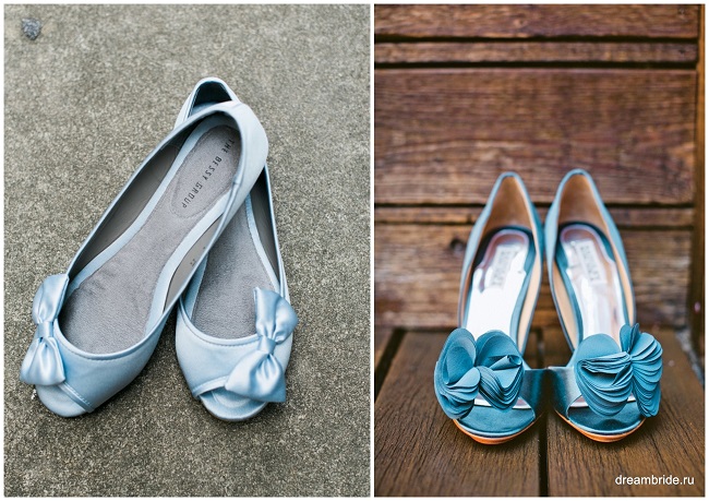 красивые голубые свадебные балетки и туфли с бантом