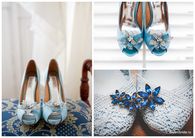 красивые голубые свадебные туфли с брошью
