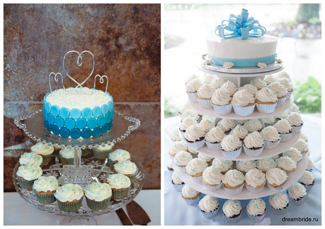 свадебный торт и капкейки в голубом цвете