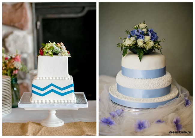 свадебный торт с голубыми лентами фото