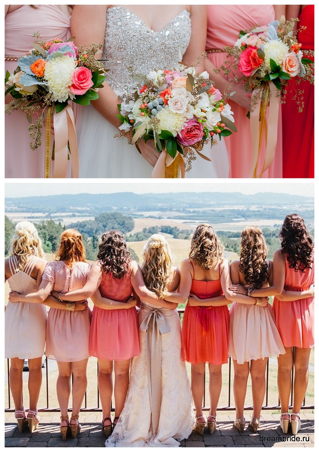коралловые платья различных оттенков для подружек невесты