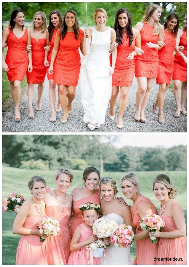 коралловый цвет платьев подружек невесты