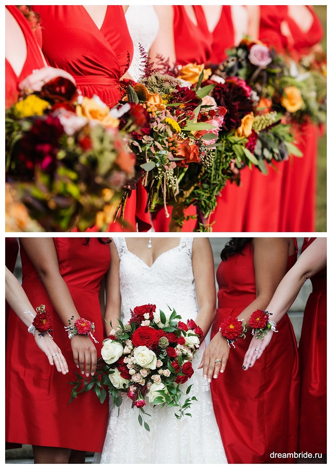 осенние красно-оранжевые букеты невесты