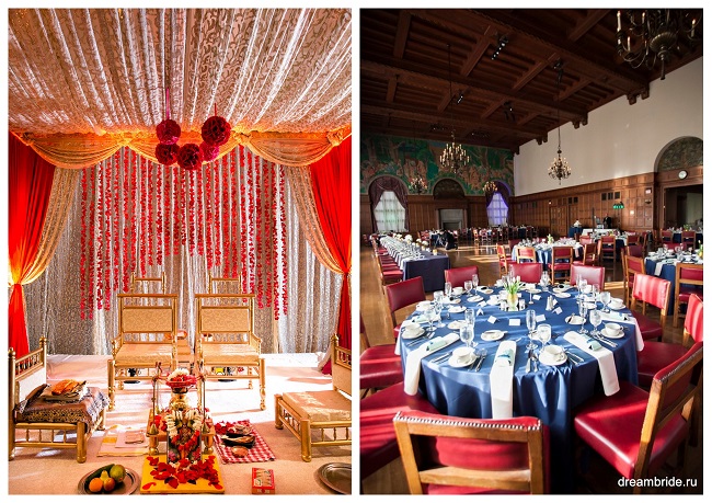 красный и золотой и синий в оформлении банкетного свадебного зала