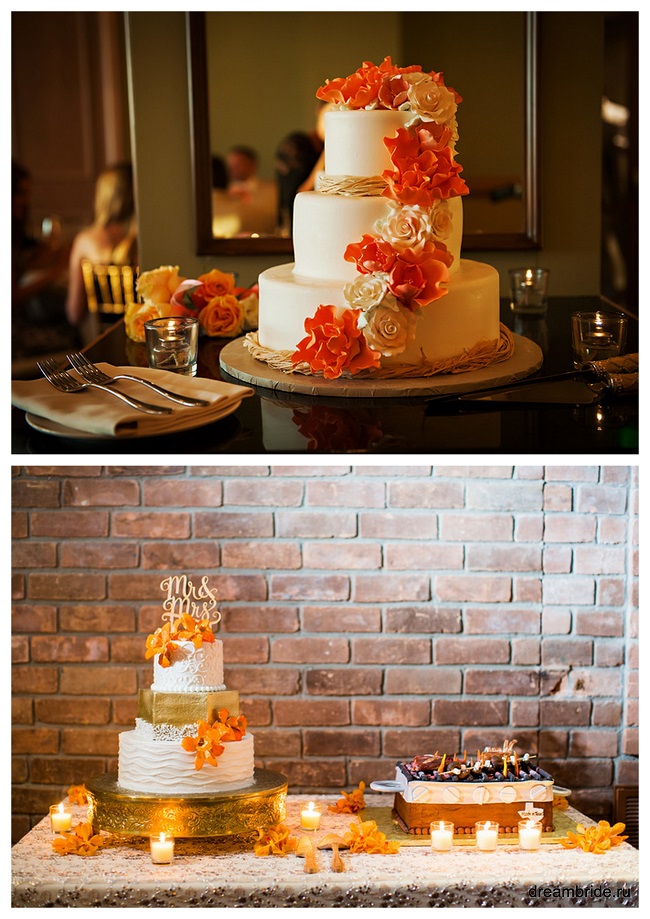 красивое оформление свадебного торта оранжевыми цветами