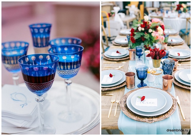 синяя свадебная посуда