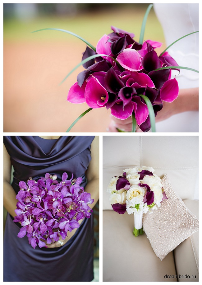 букет невесты цвета фуксия из калл, орхидей