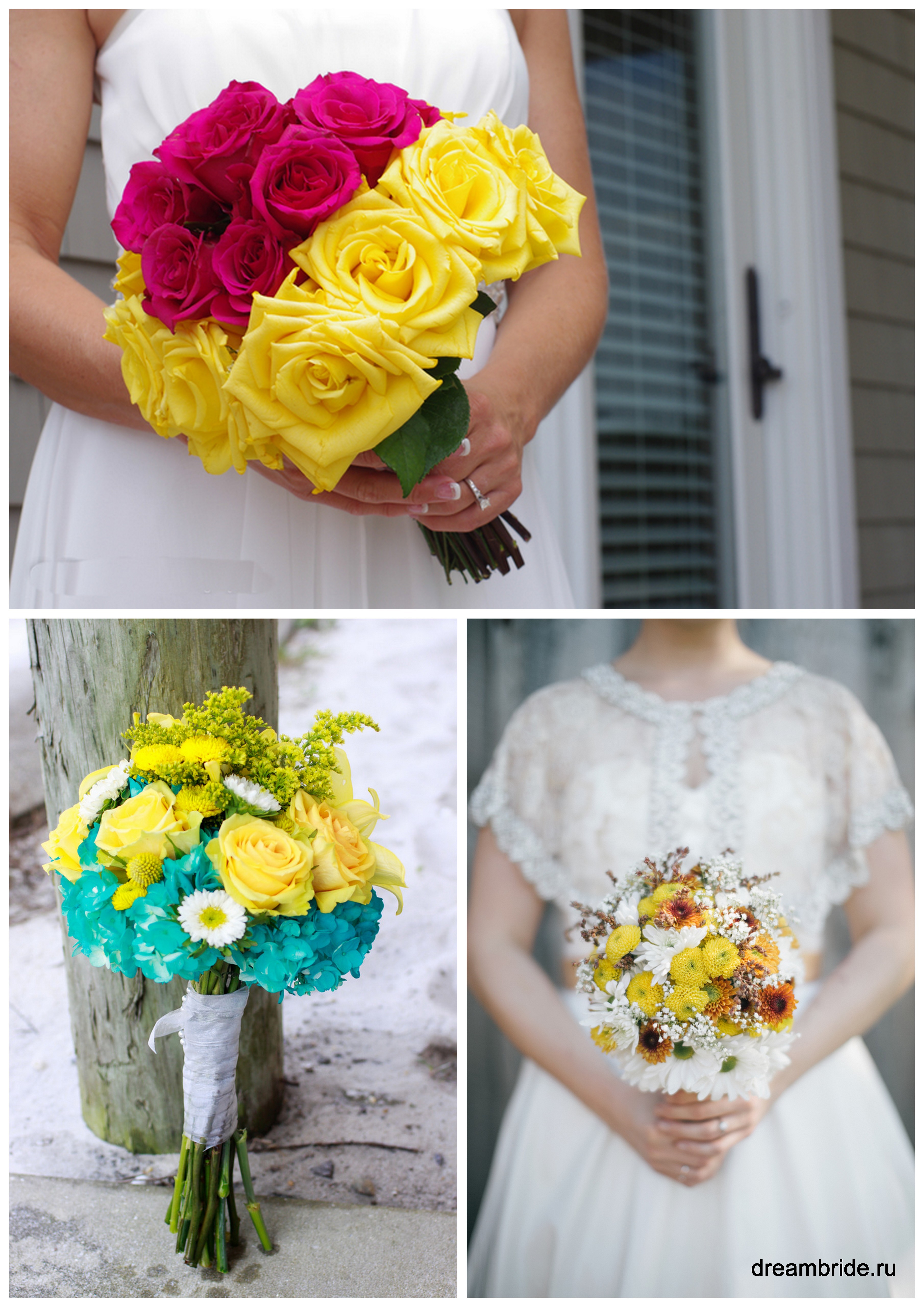желтые букеты невесты с розами фуксия и лазурными цветами