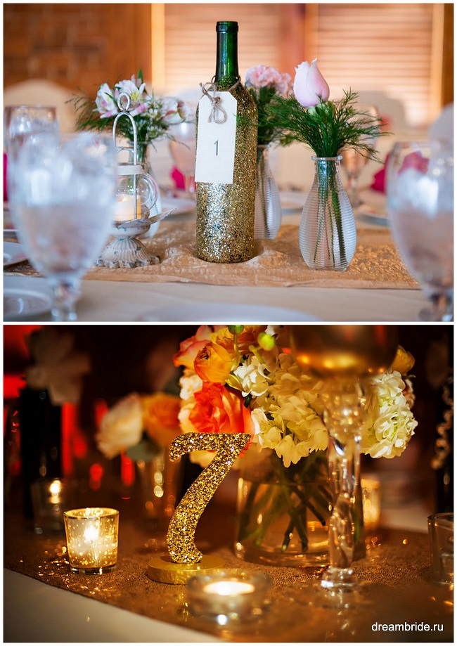 красивая сервировка стола на свадьбу в золотом цвете